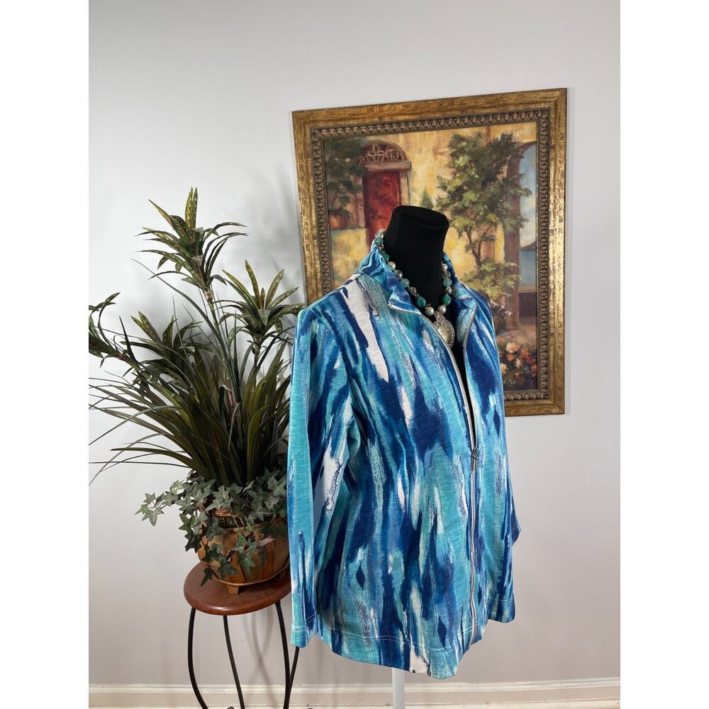 Weekends by Chico's Jacket Womens Size 1 Blue Ikat Style Modern Preppy Nautical - Picture 2 of 7